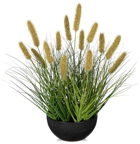 Oairse Artificial Plants Indoor with Pot, 17.3 Fake Potted Plants Artificial Onion Grass Plant with Brown Dog Tail Grass Small Faux Plant Indoor for Home Living Room Table Shelf Decor