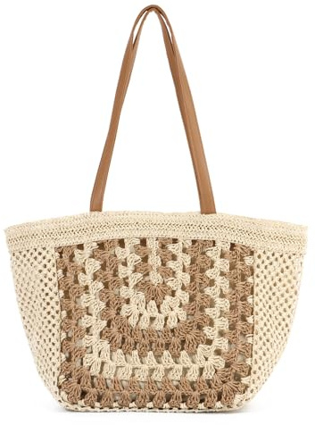 EVEOUT Bolso Tote Rafia para Mujer Verano Bohemio Ligero Grande Shopper Tejido Bolsos de hombro Paja para Playa Vacaciones Viaje Diario