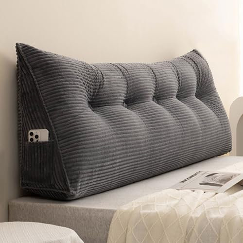 Großes Keilkissen aus Cord, Twin, Queen, King, Kopfteilkissen, dreieckiges gepolstertes Lesekissen, Rückenkissen für Bett/Sofa, waschbares Lendenwirbelstützkissen, Nackenrolle(50x50x20cm,Dark Grey)