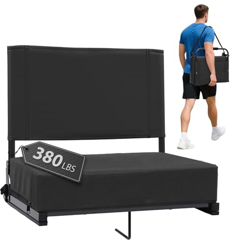 Stadium Seats with Back Support - Padded Portable Bleacher Seat with Handle Shoulder Strap - 18.4in Wide Bleacher Chair with Back and Cushion for Sports & Outdoor Events Black