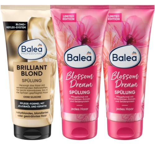 Balea 3er-Set Haarpflege: Professional Conditioner BRILLIANT BLOND Haarspülung für blondiertes, gesträhntes, naturblondes Haar, 200 ml + Spülung BLOSSOM DREAM für Geschmeidigkeit, 2 x 200 ml (600 ml)