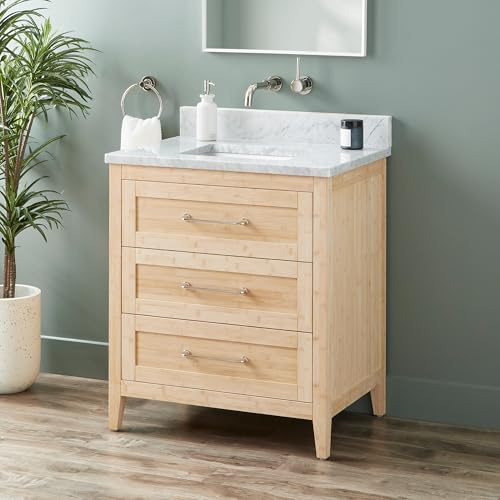 Signature Hardware 955154-30-RUMB-0 Arrietty 30 Freestanding Bamboo Single Basin Vanity Set with Cabinet, Vanity Top, and Rectangular Undermount Sink - No Faucet Holes - Natural Bamboo/Carrara