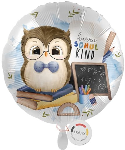 balloa Folienballon Hurra Schulkind, runder Helium Ballon zur Einschulung mit Eule und Schulmaterial, Geschenkidee für Jungen, Einschulungsdeko, befüllbar mit Luft oder Helium, Schulanfang, 33cm