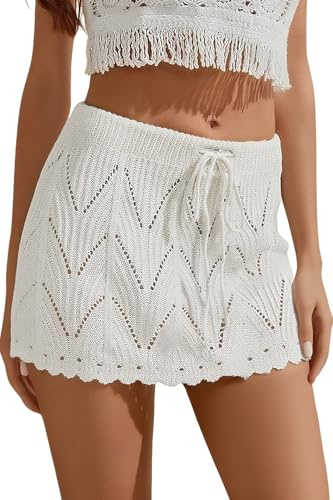 Jumppmile Women's Crochet Cover Up Skirt Mini Knit Swimsuit Coverup for Beach Apricot Medium