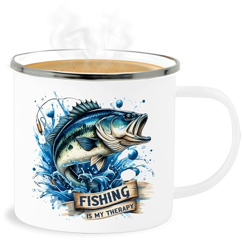 Emaille Becher Blechbecher - Angeln Tassen - Fishing is my therapy - Fischer Geschenk - 300 ml - Weiß Silber - angler fisch fischen mit angel für geschenke