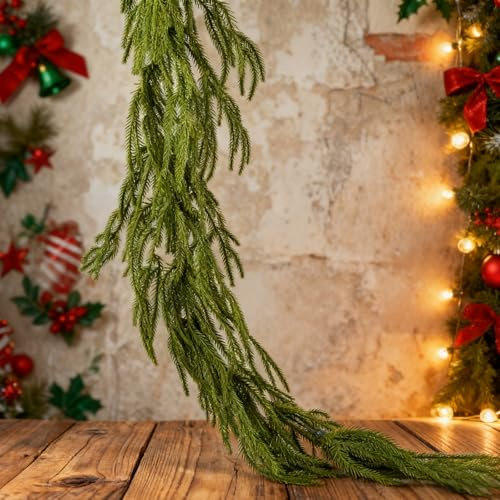 BREEZENEST 5FT Realistic Norfolk Pine Christmas Garland, Artificial Green Garland for Fireplace, Stairs, Doors & Windows, Indoor Outdoor Holiday Decorations, PE Material with Hanging Loops(5ft)