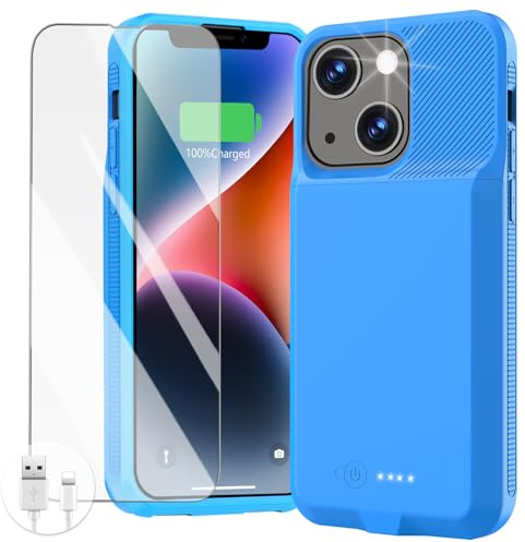 GIN FOXI Akkuhülle für iPhone 13/13 Pro/14/14 Pro, Ultra-Slim Ladehülle Echt 7000mAh Wiederaufladbare Anti-Fallschutz Verlängerte Ladehülle für iPhone 14/14 Pro/13/13 Pro (6,1 Zoll) Blau