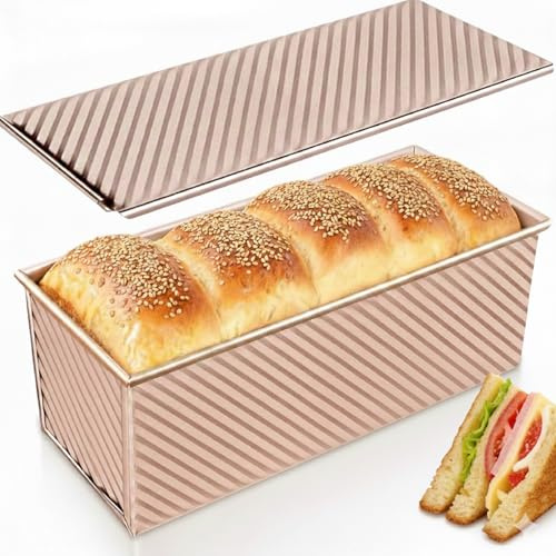 YIWSKJ Bread Pan with Lids, 1Lb Dough Capacity, Non-Stick Carbon Steel Pullman Loaf Pan for Baking, Professional Toast Box Mold- Gold
