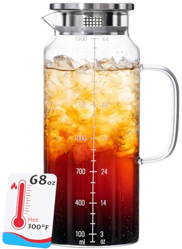 68oz Glass Pitcher with Lid, Borosilicate Carafe with Dual Filter Spout