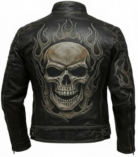 Leather Jacketz Mens Gothic Flame Skull Biker Jacket - Distressed Motorcycle Fire Graphic Heavy Metal Punk Rock Jacket