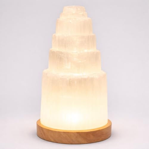 SALT 84 Selenite Crystal Lamp 20cm with Wooden Base, USB Powered Natural White Selenite Stone Night Light for Bedroom, Living Room & Home Decor