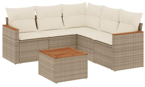 XHNIFBN 6-TLG Gartenmöbel Set Poly Rattan Lounge Gartensofa mit Stauraum Akazienholz Tisch und Sitzkissen Beiges Modulares Loungesofa für Terrasse Balkon und Außenbereich