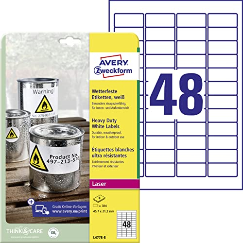 AVERY Zweckform L4778-8 Wetterfeste Folienetiketten (384 Klebeetiketten, 45,7x21,2mm auf A4, extrem stark selbstklebend, wasserfest, strapazierfähig, bedruckbare Outdoor Klebefolie) 8 Blatt, weiß