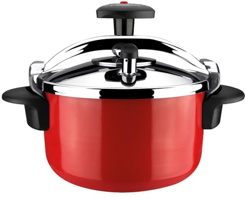 Magefesa Castell - Olla Express Tradicional Roja de 4 L, Acero Inoxidable 18/10, Todas las Cocinas, Inducción Total, Cocina Sana, Pomo Rotatorio