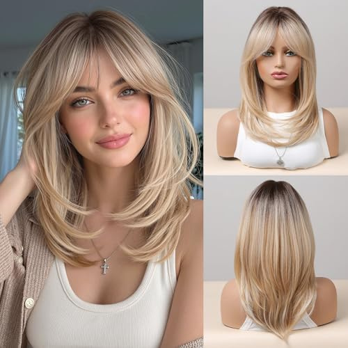 Esmee 16 Zoll Lange Gerade Haar Perücken für Frauen Ombre Farbe Schwarz bis Blond Natürlich Synthetische Hitzebeständige Perücken mit Pony