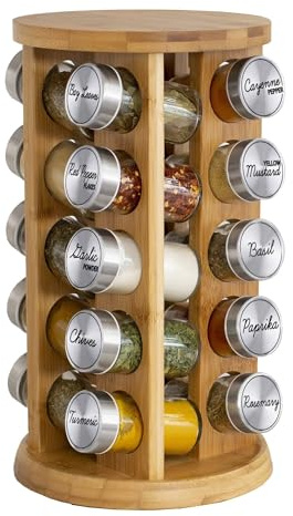 Orii 20 Jar Rotating Bamboo Spice Rack with Spices Included & 5-Year Free Spice Refill Program – Revolving Countertop Spice Rack with Glass Jars