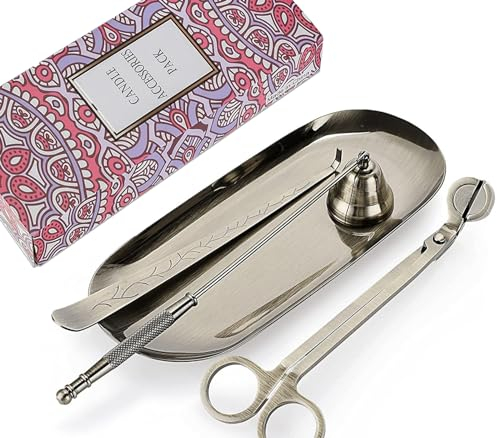 VISIKOM 4 in 1 Kerzendocht Trimmer Set Kerzenlöscher Kerzenzubehör Set mit Tablett Bronze Kerzenpflege Werkzeug Kit Kerzendocht Cutter Geburtstagsgeschenk für Kerzenliebhaber Geschenke für Frauen