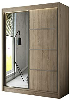 ALTDECOR Kleiderschrank mit Spiegel und Schiebetüren, kugelgelagerte Führungsschienen und Aluminium-Leisten, LED-Beleuchtung (weiß + 16 Farben) und Fernbedienung - PAOKI - 200 cm Sonoma