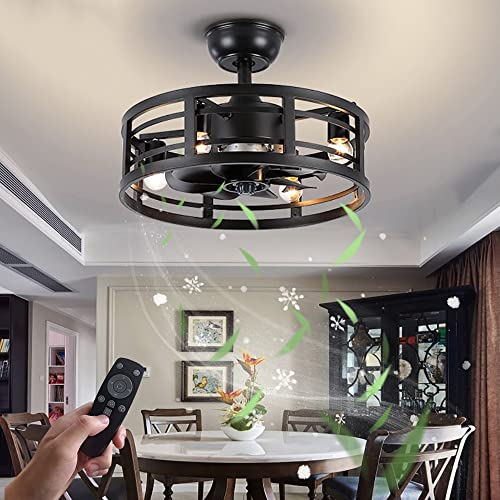 Retro Ceiling Fan with Lights and Remote Control Industrial Metal Cage Fan Chandelier Silent Invisible Fan Lamp 3 Speeds with Timer Ceiling Fan with Lighting for Bedroom Living Room Dining Room, E14*4