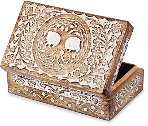 Ajuny Scatola Portaoggetti Decorativa Intagliata a mano in Legno con Intagli a forma di Albero Della Vita Bianca Multiuso Portagioie 8x5 pollici