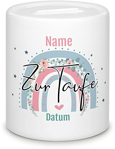 Personalisierte Spardose zur Taufe - Rosa Regenbogen mit Name und Datum - Geschenk zur Taufe, Geburt, Geburtstag | Personalisierte Geschenke