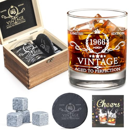 60th Birthday Gifts for Men Whiskey Glass Set - 60th Birthday Decorations, Party Supplies - 60 Year Anniversary, Bday Gifts Ideas for Him, Dad, Husband, Friends - Wood Box & Whiskey Stones & Coaster