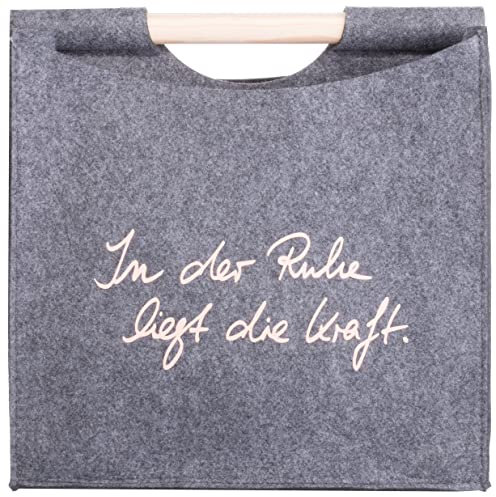 Brandsseller Filz Zeitungsständer mit Holzgriff ca.31 x 30 x 18 cm Zeitungskorb Zeitungstasche - In der Ruhe liegt die Kraft - Grau