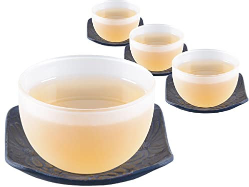 tea4chill 4 x Teetasse Glas mit Untertasse aus Gusseisen in dunkelblau, 120ml gefrostet. Traditionelles asiatisches Set Teebecher Glas mit Untertasse. Ideal Ergänzung für Gusseisen Teekanne.