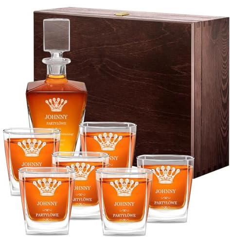 Maverton Whisky Dekanter 800 ml + 6er Whiskygläser Set mit Gravur - Whisky Karaffe mit Gläsern 250 ml - personalisiertes Whiskey Set für Männer - für Whiskyliebhaber - Partylöwe