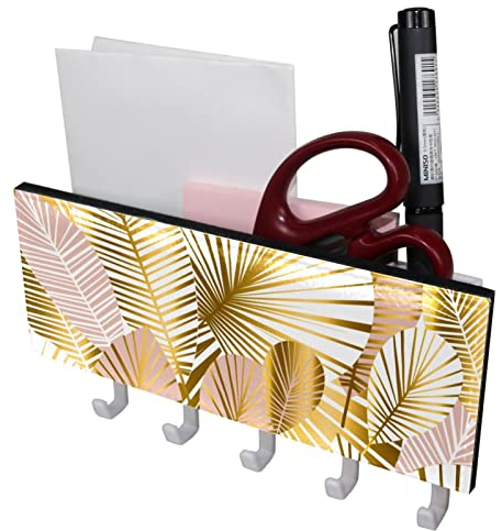 TBOUOBT Schlüsselhaken Wandhaken, Schlüsselleiste für Leine, Briefhalter für Eingangsbereich, 5 Haken,Goldenes tropisches Bananenblatt
