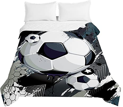 Odot Fußball Steppdecke Tagesdecke Gesteppte Bettüberwurf für Doppelbett Einzelbett Kinder Bettdecke Stepp Decke Tagesdecken Wohndecke Alle Jahreszeiten (150x200cm,Schwarze Kunst)