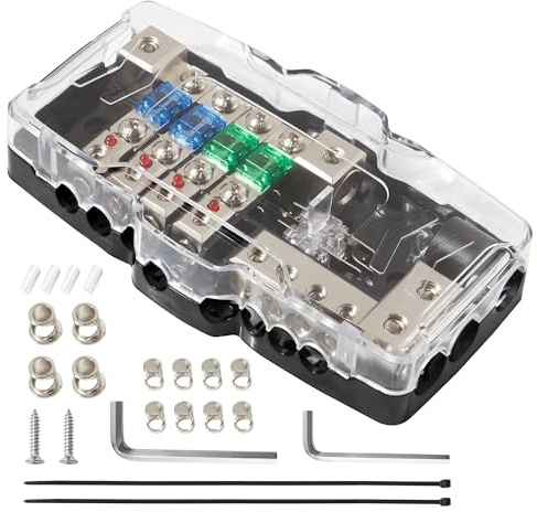 RED WOLF KFZ Verteilerblock Autobatterie Stromverteiler 4-Wege-Sicherungshalter für Auto Wohnmobil LKW Boot Marine Radio Audio Stromverteilerblock Abgesichert