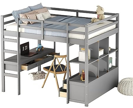 Azkoeesy Hochbett mit Schreibtisch, 140x200 cm, Doppelbett mit 6 Schubladen und Regalen, stabiles Kiefernholzgestell und Geländer für Jugendliche und Erwachsene, Grau