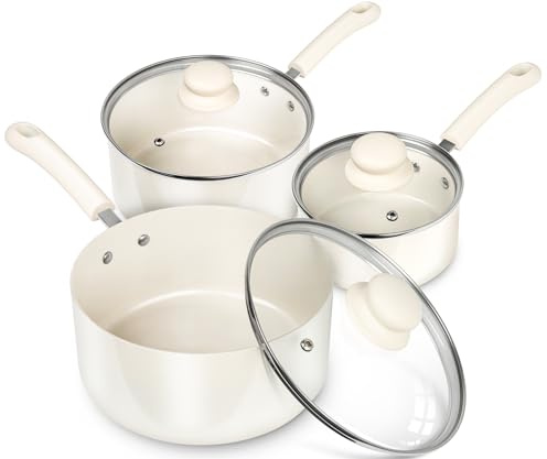 MICHELANGELO Nonstick Saucepan with Lid, Ceramic Sauce Pan Sets, Easy to Clean Sauce Pans, Multi-Purpose Cooking Pots, 1QT & 2QT & 3QT, White