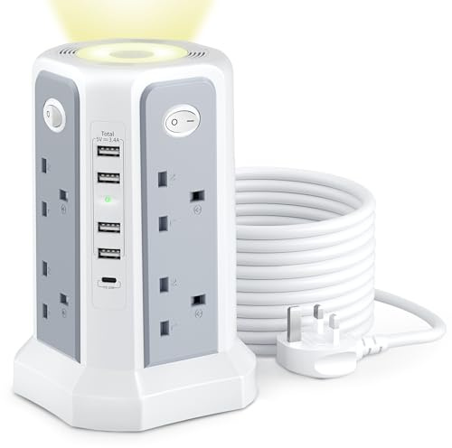 Tower Extension Lead with USB Slots and Night Light, 20W USB C Fast Charger | (13A 3250W)5 USB Ports & 8 Way Extension Tower, Surge Protected Extension Lead with 4 Switches, 3M Extension Cable