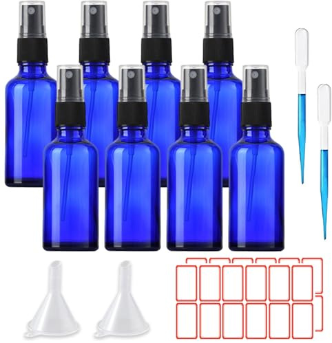 ToKinCen 8x50ml Sprühflasche Klein Glas, Glasflasche Blau Leere Zerstäuber Feinnebel Apotheker Flasche