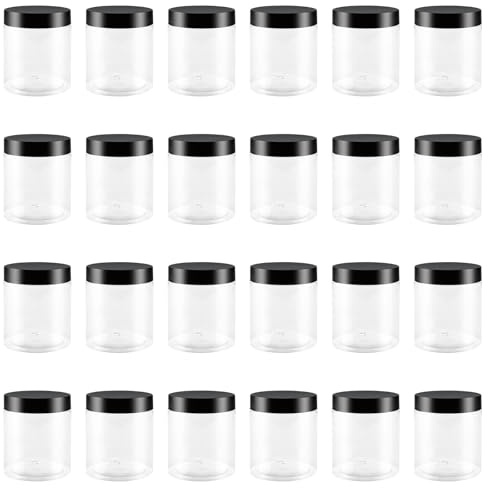 MAHIONG 24 Pack 250ml Clear Plastic Jars with Lids, 8.5oz Leak-Proof Food Storage Jars, Empty Containers for Herb, Spices, Sweets, Cosmetic, DIY Crafts