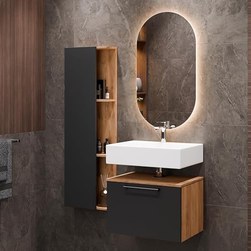 Planetmöbel Astra Badmöbel Set mit Waschbeckenunterschrank | 60 cm, 1x Seitenschrank Gold Eiche Anthrazit, Spiegel 50cm