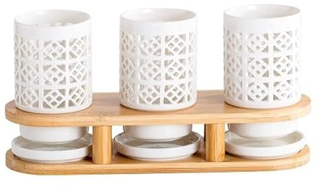 Pot à Ustensiles Porte-ustensiles en céramique 3 pièces avec base en bambou, support à ustensiles de cuisine for comptoir, égouttoir à couverts for fourchettes, cuillères, couteaux Porte-ustensiles de