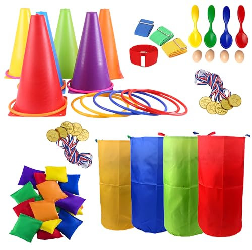 CircleCraft 53 Pcs Outdoor Games for Kids & Adults – Field Day & Lawn Carnival Games | Ring Toss, Bean Bag, Potato Sack Race Bags, Egg Spoon, Relay Race & Yard Game for Christmas and Easter