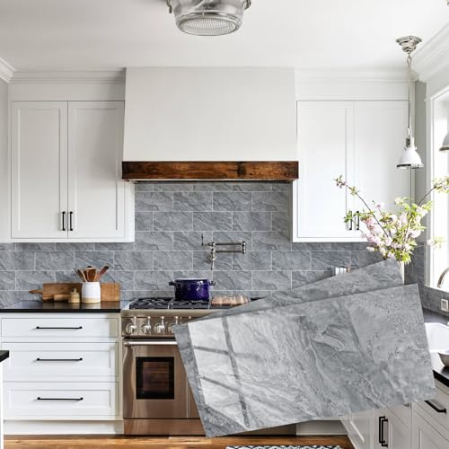 Abyssaly Piastrelle Adesive Cucina, Paraschizzi Cucina Adesivo Bagno | 24 Pezzi 15x30cm, Marmo Grigio Chiaro, Mattonelle Adesive Pvc Impermeabili Per Cucina Bagno, Paraschizzi Adesivo Decorativo
