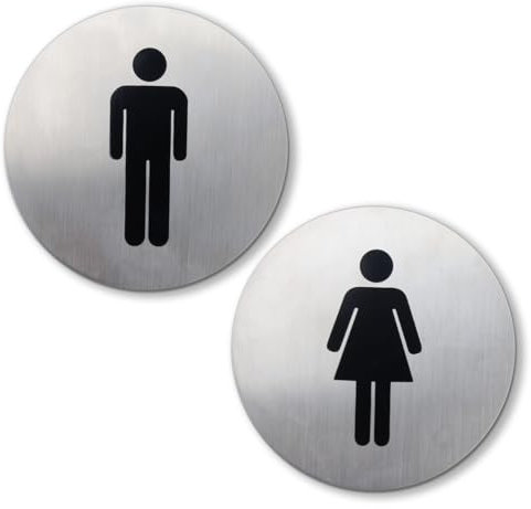 2Pcs Male Female Restroom Sign - Self-Adhesive Slimline Rigid Brushed Silver Aluminium, Double-Sided Tape Included (76mm × 76mm)