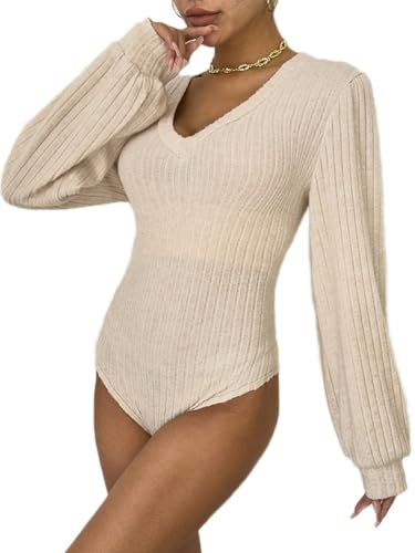 ticticlily Body Damen Langarm Eng Sexy Elegant Bodysuit V-Ausschnitts Rollkragen Gerippte Bodies Langarmshirt Damenbody Einteiler Overall Bodycon Jumpsuit Unterziehbody Stringbody C3 Aprikose M
