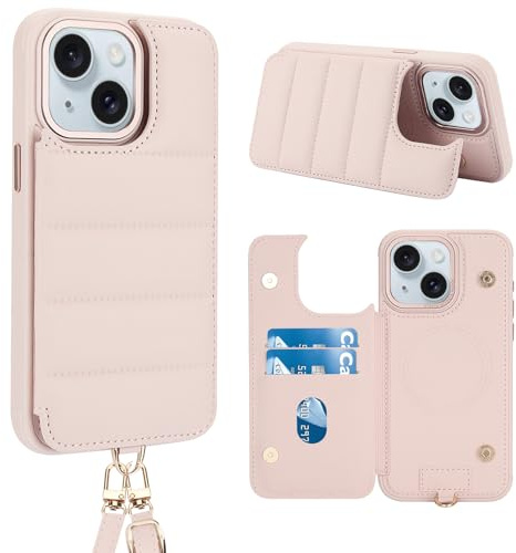 Jeffene Custodia per iPhone 13/14(6.1 pollice) [Separabile Laccio Tracolla] RFID Blocking [2 Slot Schede],Custodia Protettiva Magnetica in Pelle PU,Cordino Coperta del portafoglio,Rosa Pallido