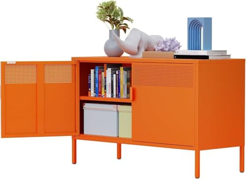 MetaCate Armario Metálico con 2 Puertas,Armario Oficina,40x100x64cm,Naranja | Aparador metálico y mueble de oficina, estantes ajustables, estructura de acero, para cocina, salón, comedor y entrada