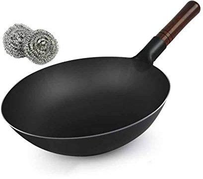 SGKOMN Padella da Cucina in Ferro forgiata a Mano, Padella Antiaderente Non Rivestita per Uso Domestico Vecchio Stile, Wok antiruggine Multifunzionale per Cucina Sana, E(A-36CM)