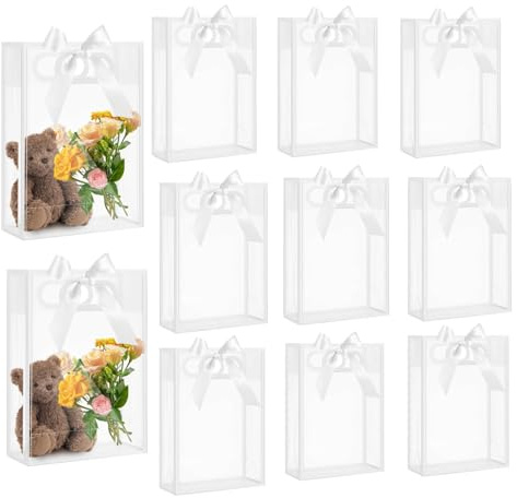 12 Stück klare PVC-Geschenk-Tasche mit Griffen, Kunststoff-Party Gunst Taschen mit Band, wiederverwendbare transparente Taschen für Hochzeit Braut Baby Dusche Geburtstag (Weiß, 15 x 24 x 8 cm)