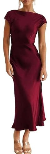 LIUYUYOUGO Robe Mi-Longue en Satin pour Femme Élégante Dos Nu Manches Courtes Couleur Unie Sexy Col Bénitier Fente Latérale Fluide Robes De Soirée Cocktail Mariage Invité Bordeaux Rouge L