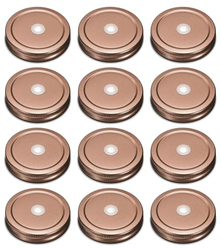 sourcing map 12pcs Mason Jar Lids 70mm Tinplate Regular Mouth Reusable Mason Canning Covers with Straw Hole for Storage Bottle Water Bottle and Jars, Rose Gold