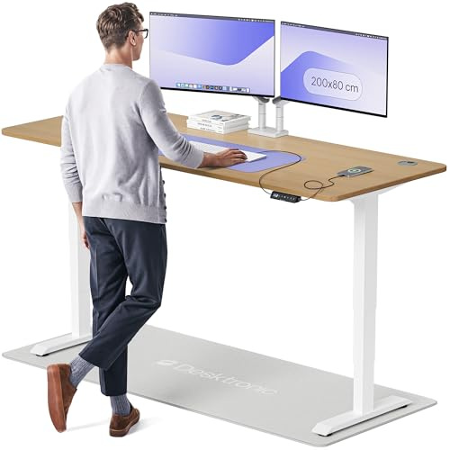 Desktronic Höhenverstellbarer Schreibtisch aus massivem Eichenholz (200x80cm) – Elektrisch höhenverstellbar mit flüsterleisem Dual-Motor & Touchscreen – Hohe Tragfähigkeit – Stehtisch HomePro